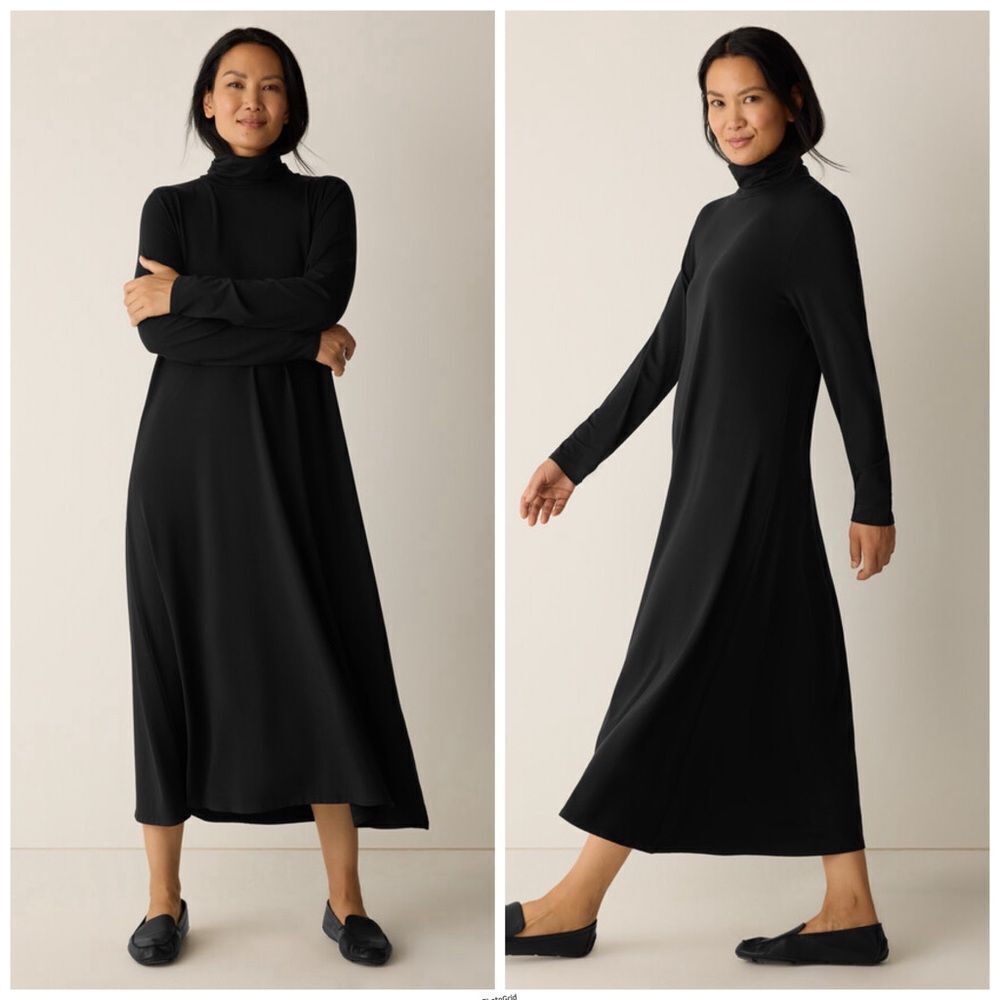 Eileen Fisher Black Stretch Jersey Knit Turtleneck Maxi Dress NWOT Size L